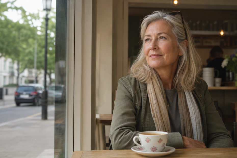 Woman over 50 looking hopeful while having tea in a London neighbourhood cafe