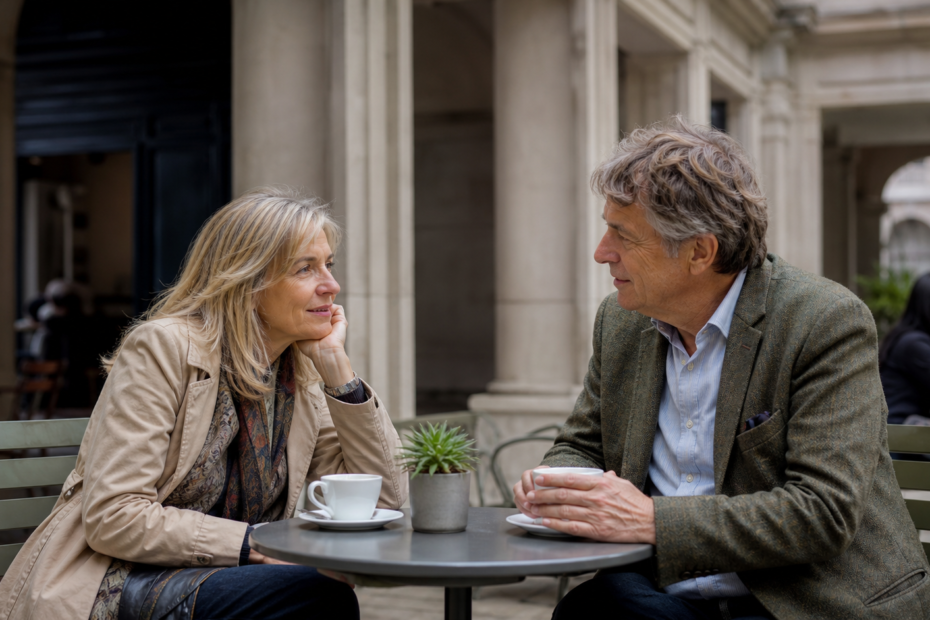 Educated singles over 50 having a thoughtful conversation at a London cultural venue cafe
