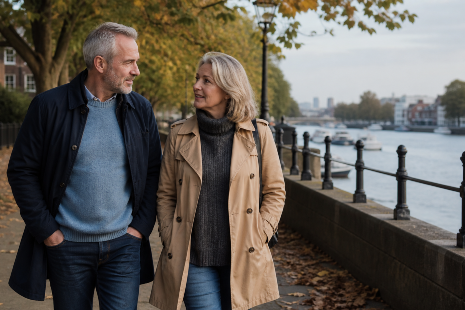 Mature couple enjoying a relaxed first date walk beside the river in London